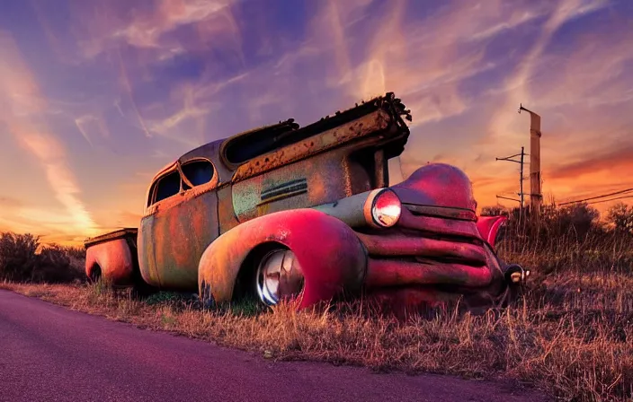 Image similar to a sunset light landscape with historical route 6 6, lots of sparkling details and sun ray ’ s, blinding backlight, smoke, volumetric lighting, colorful, octane, 3 5 mm, abandoned gas station, old rusty pickup - truck, beautiful epic colored reflections, very colorful heavenly, softlight