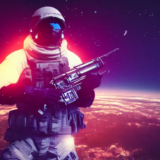 Prompt: high detail photo of a heavily armed soldier holding a big gun floating in space inside magic colorful glowing sparkling fog, circular planet behind it, starry sky, tranquil, desolate, atmospheric, hazy, autochrome, 8k, reflections, octane render, unreal engine 5