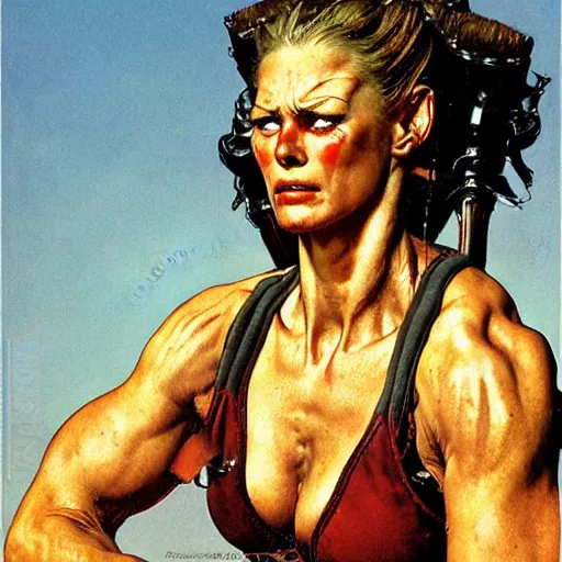 Image similar to frontal portrait of muscular roaring female warrior, by Norman Rockwell and Gerald Brom