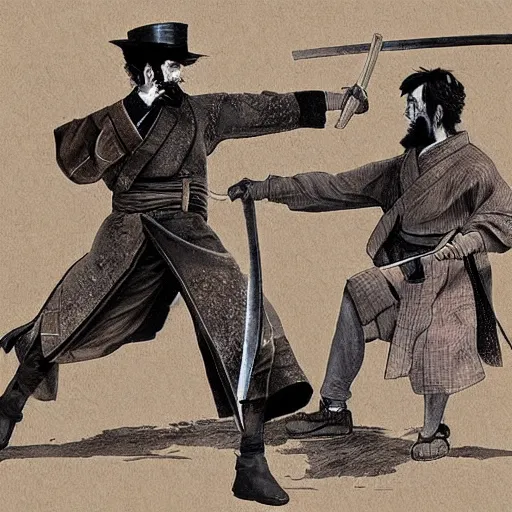 Prompt: Abraham Lincoln in combat with a samurai, Highly detailed, digital painting, smooth