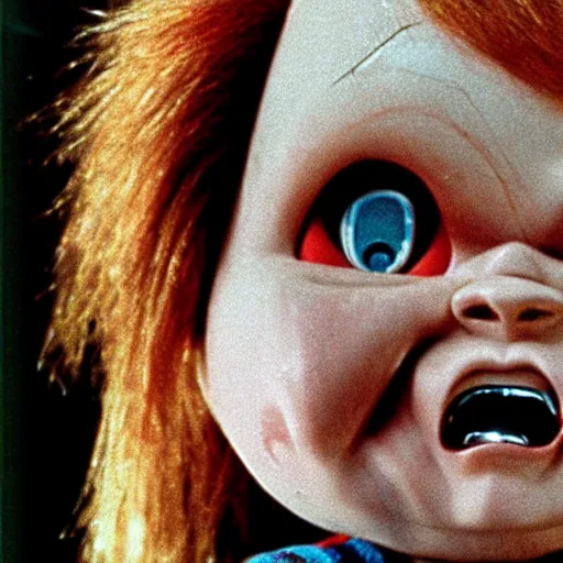 Prompt: Chucky the killer doll from the movie Child's Play standing in the yard