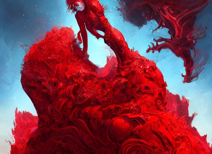 Prompt: woman loves sitting upon a scarlet coloured beast, pain, light effect, hyper detailed, intricate, elegant, highly detailed, digital painting, artstation, concept art, matte, sharp focus, illustration, by james jean, andrei riabovitchev, marc simonetti, yoshitaka amano