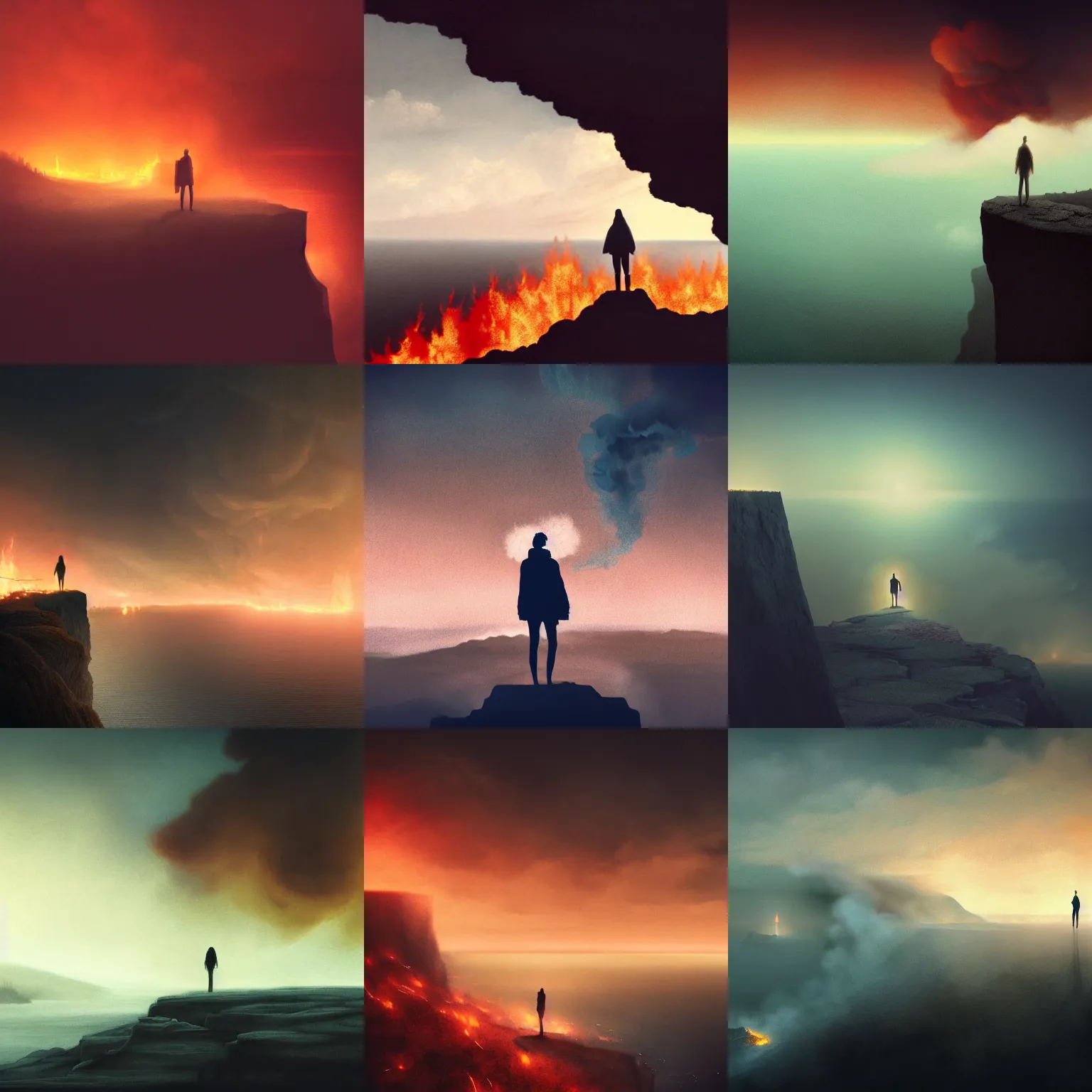 Prompt: silhouette of person standing on edge of cliff, large town in distance on fire, night, smoke, particles, digital illustration, high detailed, fantasy, particles, fog, creepy, tintoretto, beksinski, masanori warugai, wlop