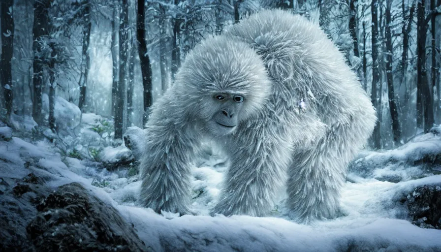 Prompt: baby yeti in the snowy forest by grant morrison, hyperdetailed, artstation, cgsociety, 8 k