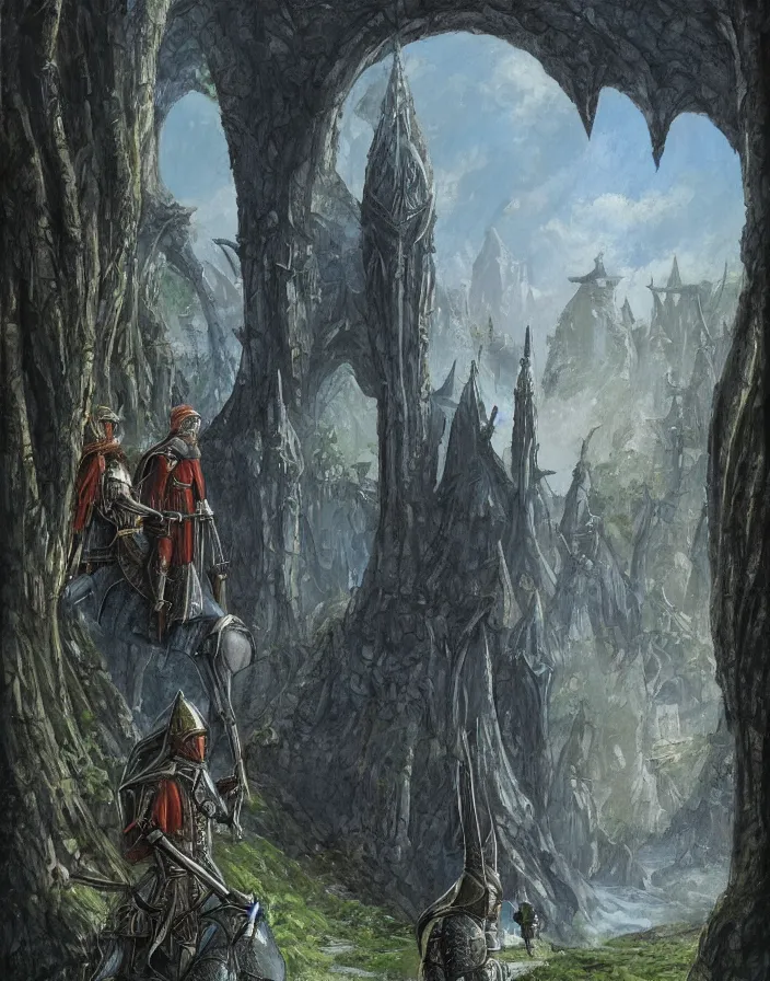 Image similar to a knight in a medieval suit of armor next to an elf wizard walking through a surrealist dimensional gateway that leads into rivendell in the style of john howe