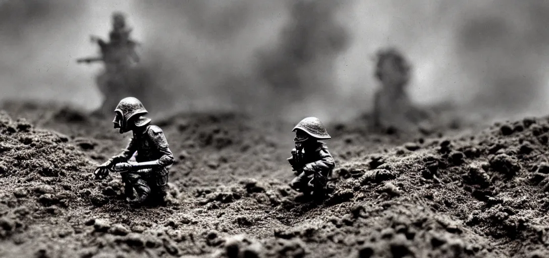 Prompt: smoke, colored, tilt shift wwi alien pondering over a dug out trench, dramatic light, zdzidaw, ultrafine, hyperrealistic, 3 2 k, 3 5 mm film still, movie