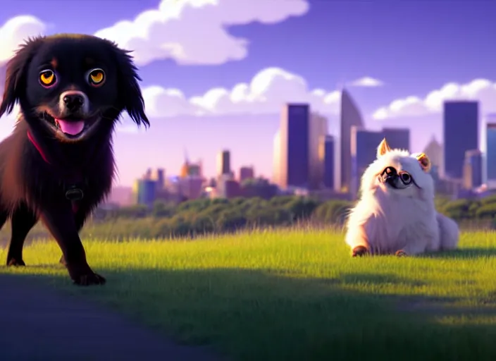 Image similar to a wholesome animation key shot of a black tibetan spaniel, perth city in the background, studio ghibli, pixar and disney animation, sharp, rendered in unreal engine 5, anime key art by greg rutkowski, bloom, dramatic lighting