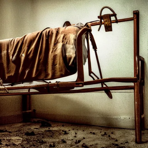 Image similar to photo of a demon strapped to a rusty old hospital bed in an abandoned hospital, real life photography, horror, biological photo, fullbody, dynamic lighting, beautiful, scary