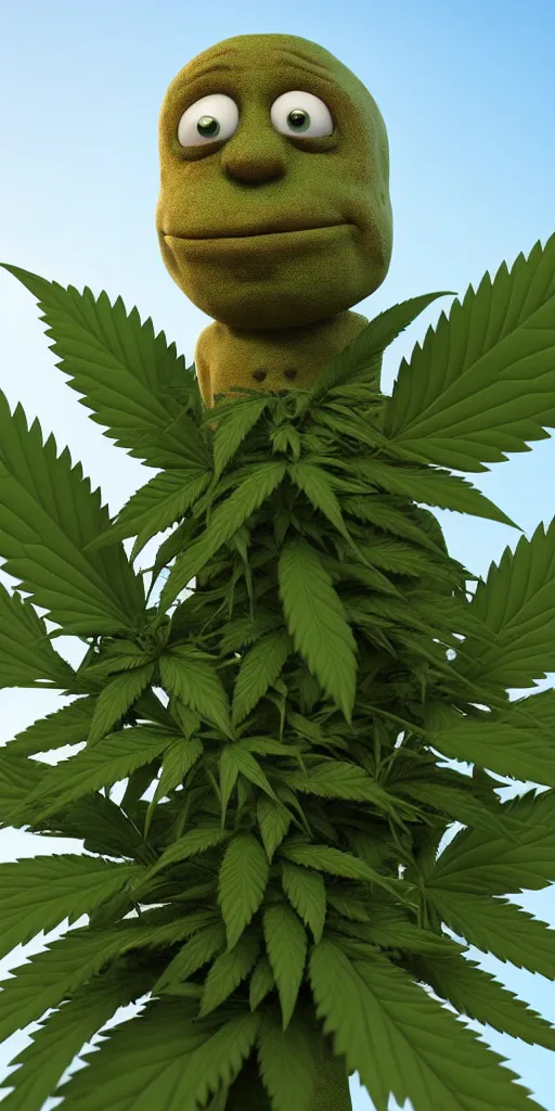 Image similar to funny marijuana character made from a bud, like iamgrout, in an 8k render, photorealistic, with high detail, rendering with octane + ray tracing - illumination, very sharp, ultra sharp, focused