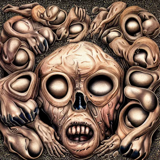 Prompt: lumpy organic matter in the style of tool album art, bodies piled and fused together, faces stretching in pain groaning, pure gluttonous mush, 8 k, ultra realistic, cinematic