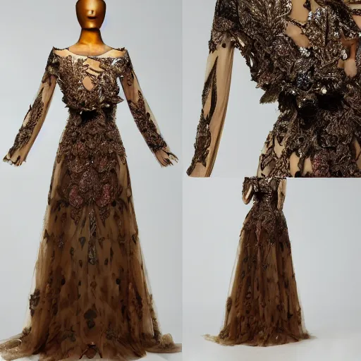 Image similar to exclusive evening dress made of bronze transparent fabric fantasy with colored flower petals made of fabric. intricate asymmetrical patterns. an elegant hat. hyperrealistic photos, clear details.