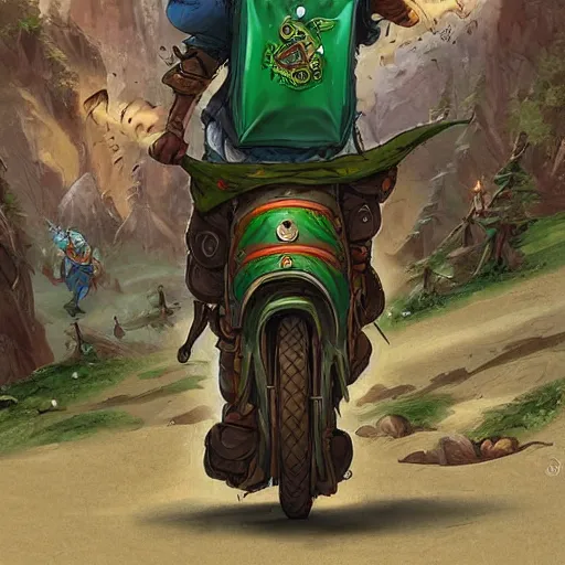 Image similar to a bearded and long haired bicycle food delivery worker with a green bag on his back in ireland, he has boots, hearthstone art style, epic fantasy style art by kim jung gi, fantasy epic digital art