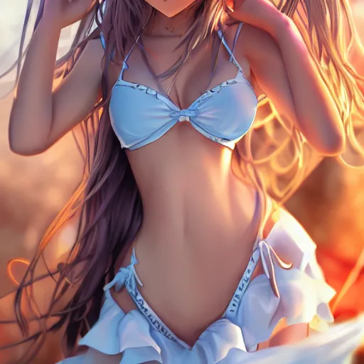Image similar to a very beautiful young anime chess girl, full body, long wavy blond hair, sky blue eyes, full round face,, bikini, miniskirt, front view, mid - shot, highly detailed, cinematic wallpaper by stanley artgerm lau