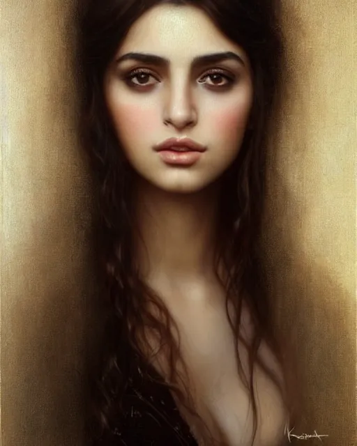 Image similar to a highly realistic, true to life portrait of a beautiful young middle eastern girl, soft focus, from the waist up, with sharp features, a beautiful face, soft smile, under studio lighting, taken with a canon eos camera with 1 3 5 mm focal length, art by karol bak, james jean, tom bagshaw, trending on artstation,