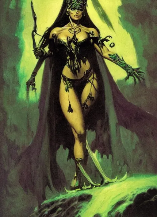 Image similar to mighty female necromancer sorceress, green tiara, strong line, deep color, beautiful! coherent! by frank frazetta, by brom, low angle