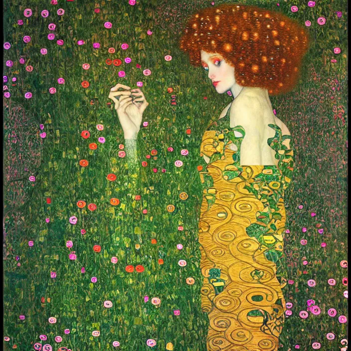 Prompt: a beautiful ethereal goddess entwined in ivy, a luminescent ray of light, shimmering and prismatic, gustav klimt style