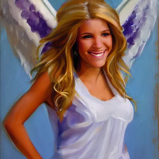 Image similar to a full - body portrait painting of an angel, a young woman with long blond hair and a halo smiling in heaven, steve henderson