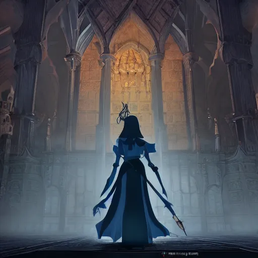 Image similar to princess jasmine as dark souls iii final boss, artstation hq, dark phantasy, stylized, symmetry, modeled lighting, detailed, expressive, created by hidetaka miyazaki, dark souls iii screenshot