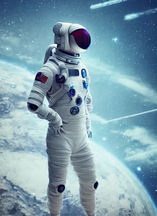 Image similar to a futuristic astronaut, artistic pose, cinematic shot, intricate, ornate, photorealistic, ultra detailed, realistic, 1 0 0 mm, photography, octane, high definition, depth of field, bokeh, 8 k, artstation