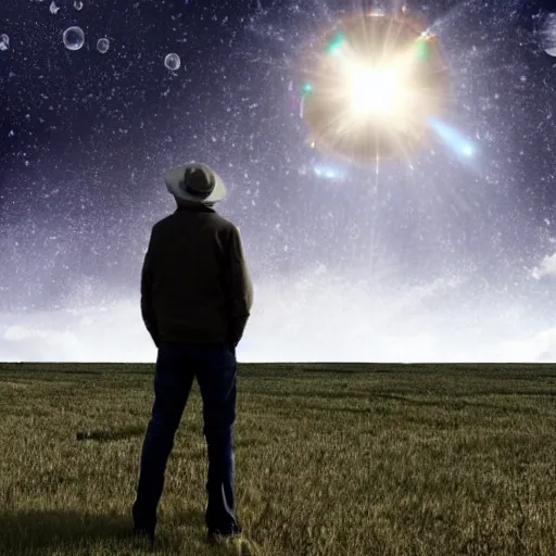 Prompt: a man in a field looking at multiverse bubbles in the sky