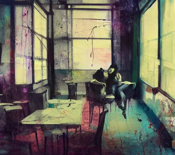 Prompt: lovers collapsed in a the cafe void, curtains, college, couches melting paint oil drips, eerie atmosphere, cinematic, painted by Francis Bacon, style of Adrian Ghenie, ultradetailed 8k, Brett Amory