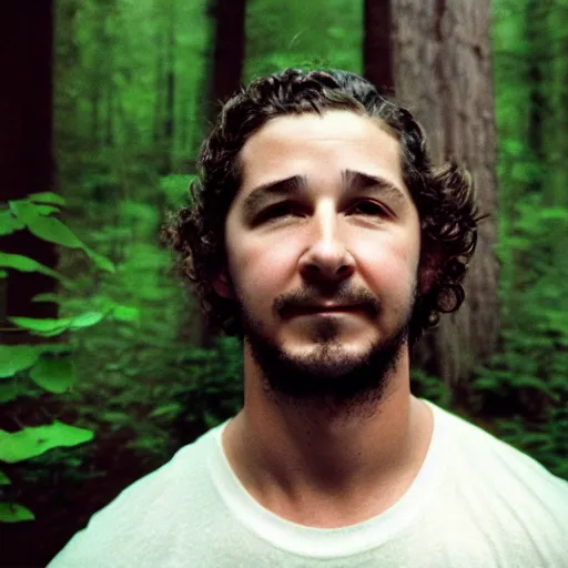 Image similar to Shia Labeouf, smiling eerily and holding a knife, peering through foliage in the forest, horror movie moonlight, Eastman Color Negative II 100T 5247, ARRIFLEX 35 BL Camera