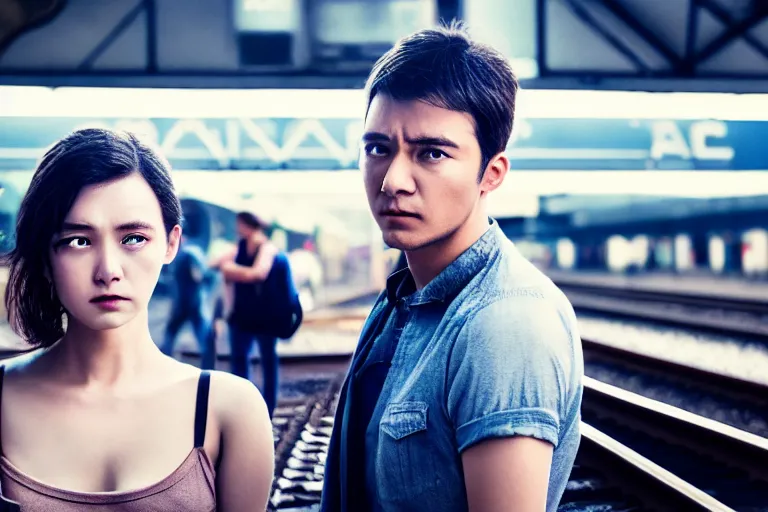 Image similar to vfx film closeup couple in a train station flat color profile low - key lighting award winning photography arri alexa cinematography, hyper real photorealistic cinematic beautiful natural skin, famous face, atmospheric cool colorgrade