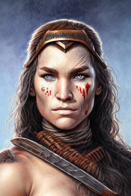 Prompt: head and shoulders portrait of a barbarian, female, by magali villeneuve