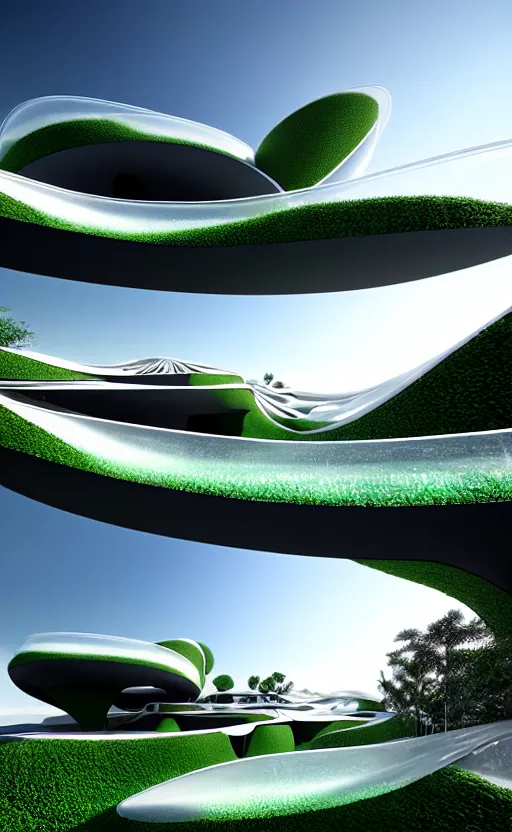 Image similar to villa parametric architecture fluid design, vincent callebaut well - defined style, ultra detailed, monochromatic, natural lighting, volumetric lighting, generative art nebula, cinematic, photo realistic, hyper real, surreal design, flow everywhere, walls made of crystal clear water, droplets on the walls, black metal, magnesium, 8 k,