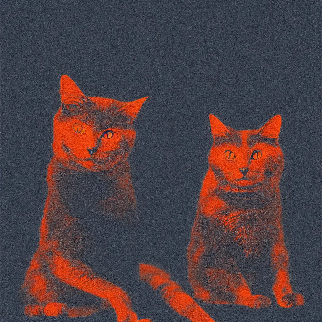 Image similar to lol sarcastic cat meme, mads berg, karolis strautniekas, film noir, stippled light, dramatic lighting, editorial illustration, detailed, fine texture, matte print, art deco, brutalism, dark blue + dark orange, red, black, ( ( habitat 6 7 background ) )