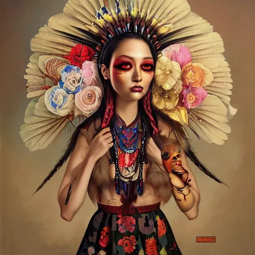 Prompt: pop surrealism, lowbrow art, realistic native american woman woman painting, full covered dress, japanese related with flowers, hyper realism, muted colours, rococo, natalie shau, loreta lux, tom bagshaw, mark ryden, trevor brown style