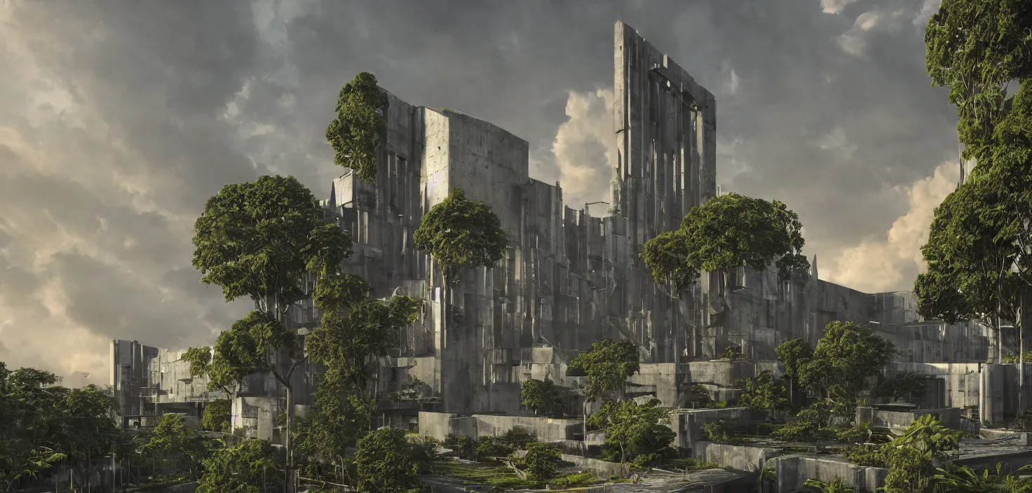 Image similar to an extremely detailed cathedral of brutalist architecture, surrounded by lush green vegetation, stunning volumetric lighting, sunset, metal, concrete, translucent material, stunning skies, 8k, photorealistic, hyper detailed, unreal engine 5, IMAX quality, cinematic, epic lighting, digital painting in the style of DOOM and Quake, by Greg Rutkowski, trending on Artstation