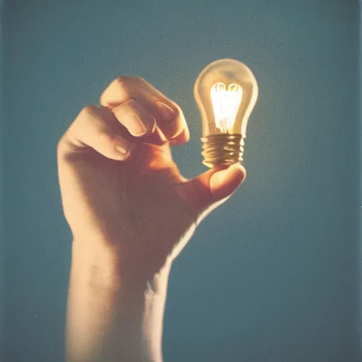 Image similar to hand holding a gleaming lightbulb, polaroid photo, surreal,