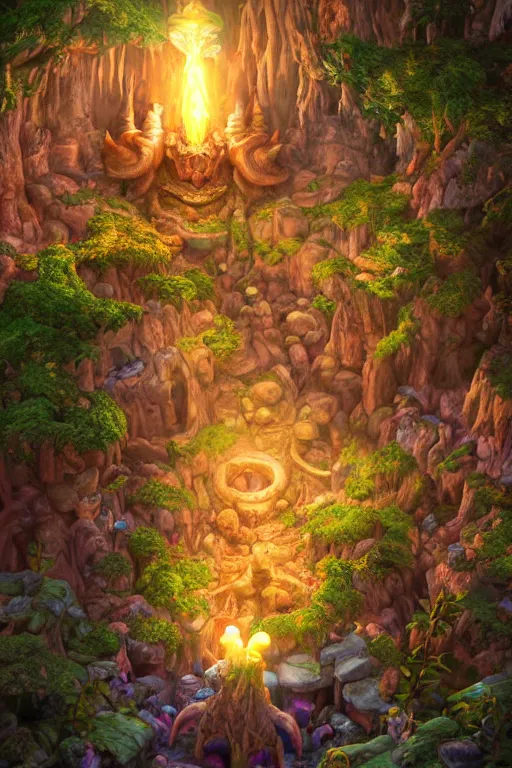 Image similar to zelda fantasy art giant golem troll wood rock greeble gemstone enchanted forest, global illumination ray tracing hdr fanart arstation by sung choi and eric pfeiffer and gabriel garza and casper konefal bastion forged hardmesh lisa frank zbrush central radiating a glowing aura global illumination ray tracing hdr