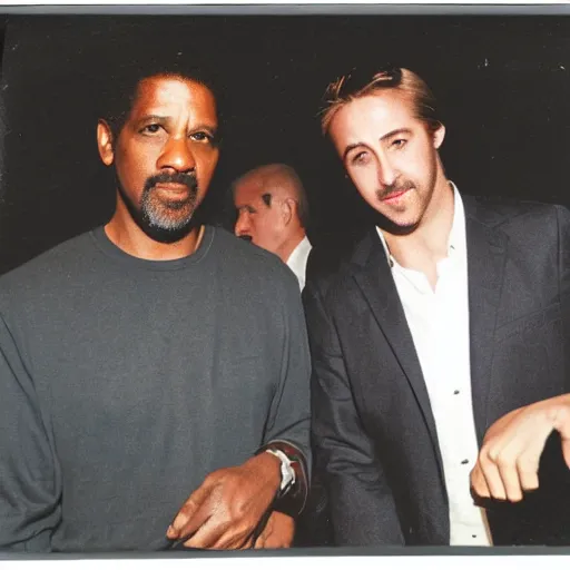 Image similar to a polaroid photo of denzel washington and ryan gosling waving