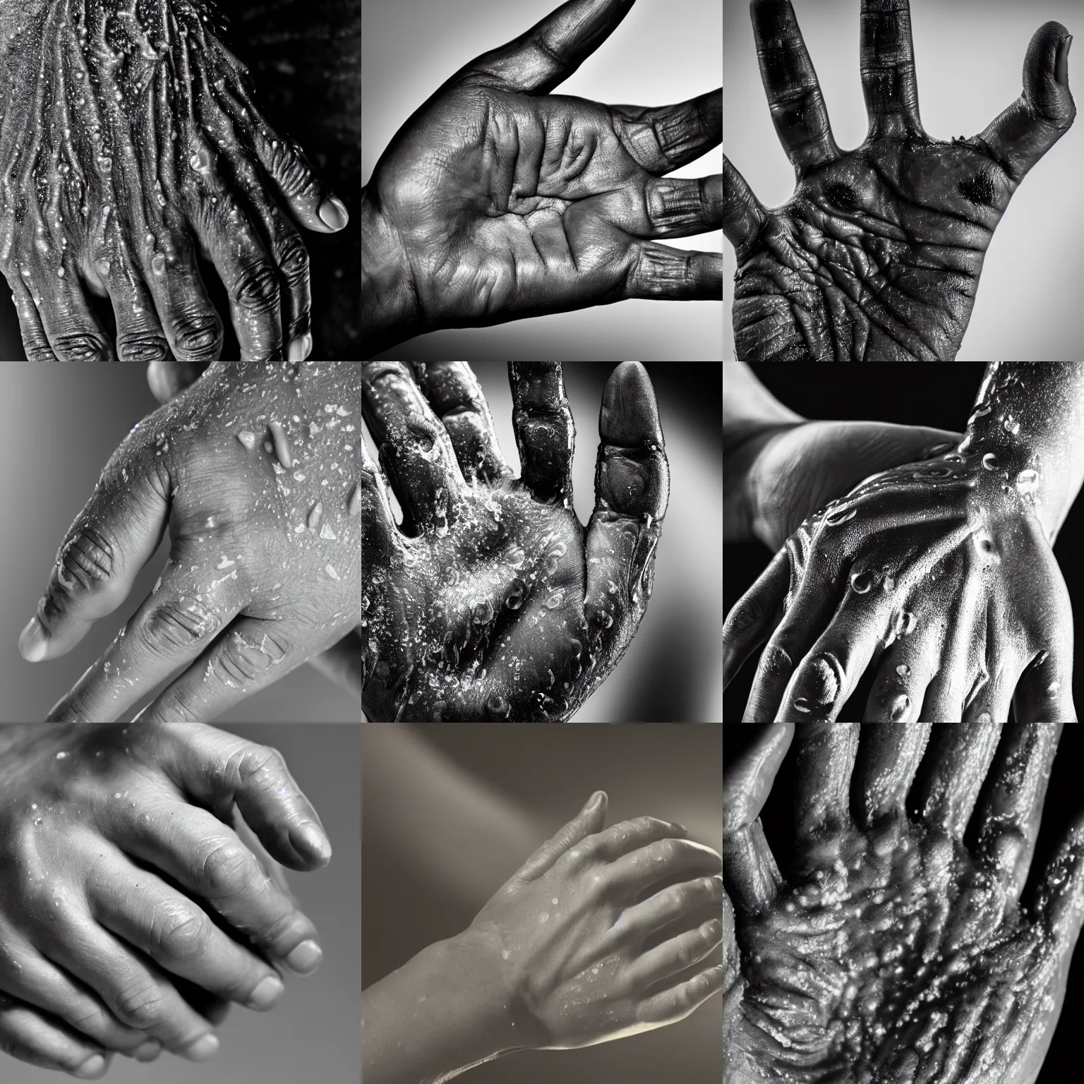 Prompt: closeup of an old hand covered in baby oil, backlit, monochrome, high contrast, studio lighting