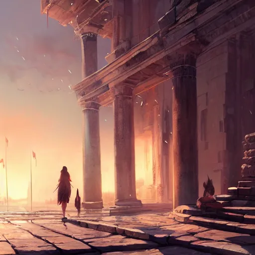 Prompt: ancient city of troy 4 k, concept art, by wlop, ilya kuvshinov, artgerm, krenz cushart, greg rutkowski, pixiv. cinematic dramatic atmosphere, sharp focus, volumetric lighting, cinematic lighting, studio quality