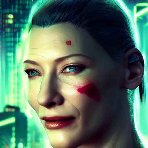 Image similar to cate blanchett portrait, cyberpunk 2 0 7 7, cyberpunk judy alvarez, photorealistic, ultra detailed, neon, octane, bokeh, cinematic lighting, cyber, cyberpunk city, studio quality, feature, scars, cyberface, 8 k