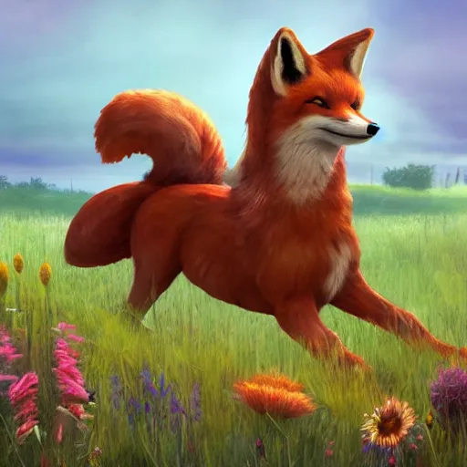 Image similar to girl riding a giant fox in a field of flowers, trending on artstation