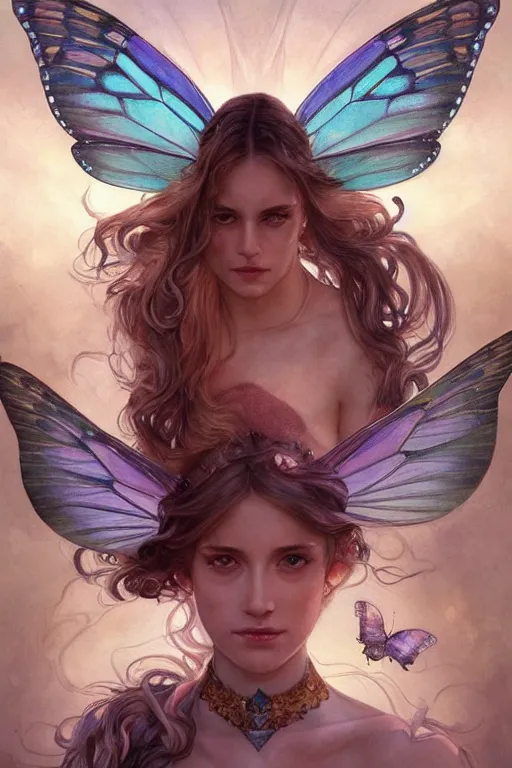 Prompt: portrait of beautiful faerie with butterfly wings, headshot, symmetrical, elegant, regal, intricate, twilight background, highly detailed, digital painting, artstation, sharp focus, watercolor, muted color, complementary colors, art by artgerm, greg rutkowski and alphonse mucha