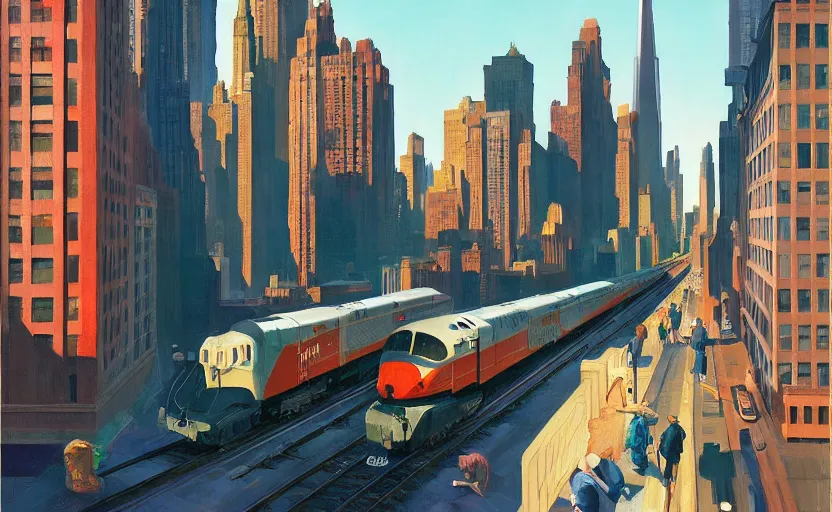 Image similar to A big train moving in the middle of new york city, very coherent, painted by Edward Hopper, Wayne Barlowe, painted by James Gilleard, airbrush, art by JamesJean