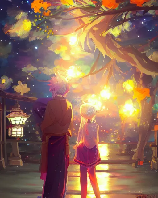 Prompt: beautiful anime painting of a boy and a blonde girl from behind at a shinto shrine looking up at the night sky illuminated by colorful new years fireworks, by WLOP and Slawek Fedorczuk and rossdraws, trending on artstation, concept art