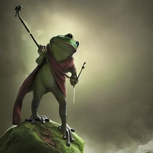 Image similar to frog time wizard spraying a freezing gale, epic, ( david and goliath ), cinematic, fantasy, digital art, 8 k