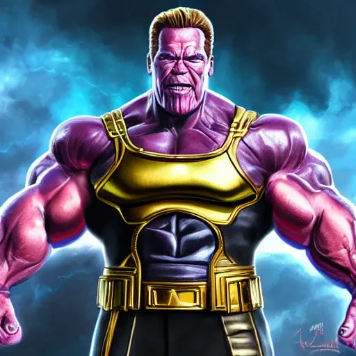 Image similar to arnold schwarzenegger as thanos, highly detailed, amazing digital art, cinematic, trending on artstation, 4K HD