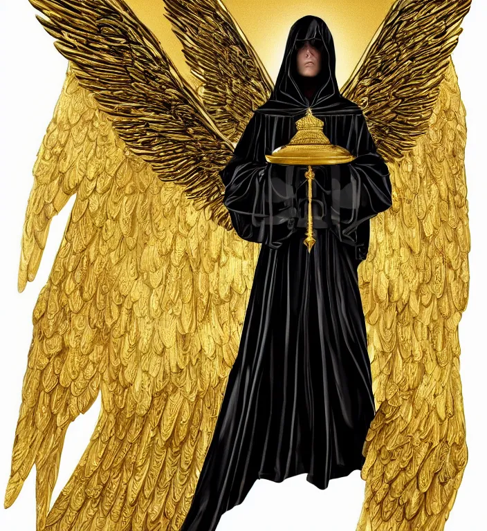 Prompt: full length picture of the angel of death wearing black robes with gold wings in an elaborate cathedral, high octane, 8k, ultra detailed, photorealistic