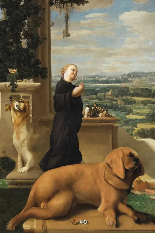 Prompt: long view, giant dog looks at tiny person, in style of classicism