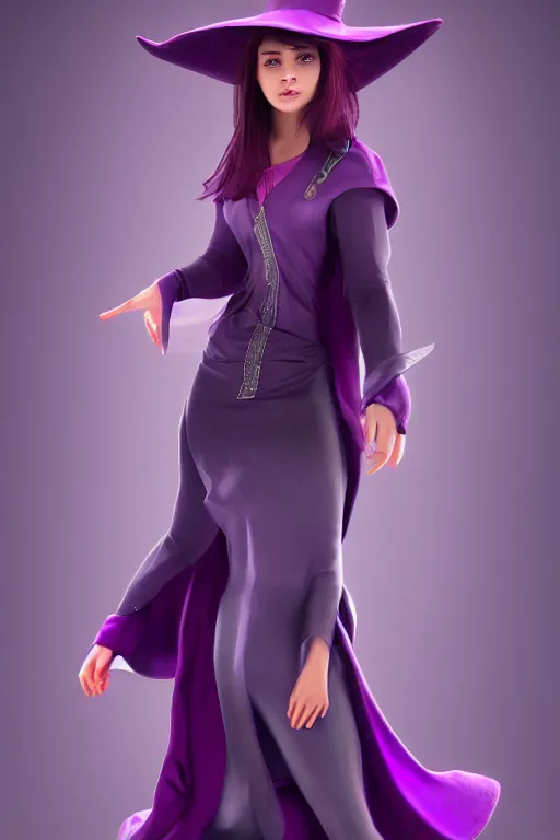 Image similar to Young cute small beautiful girl in form fitting slim purple witch robes and pointy hat at a crowded magical university, full body shot unreal engine hyperreallistic render 8k character masterpiece digital art, trending on Artstation, CGSociety