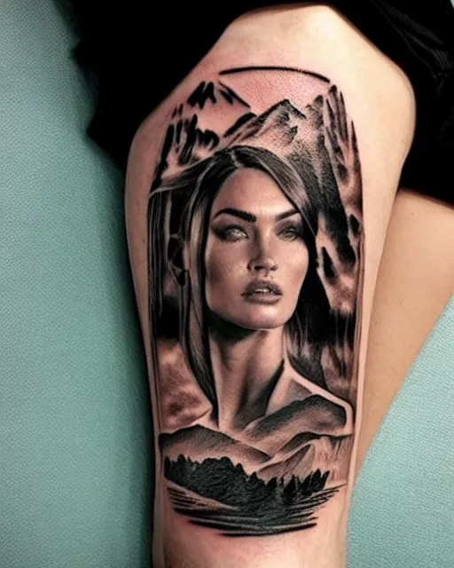 Image similar to double exposure effect tattoo sketch of megan fox faded with a beautiful mountain scenery, realism tattoo, in the style of matteo pasqualin, amazing detail, sharp