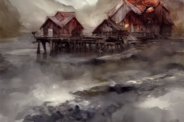 Prompt: paint brush strokes, abstract watercolor painting of rustic jetty house, viking age, fog, ambient lighting, art by hans dahl, by jesper ejsing, art by anders zorn, wonderful masterpiece by greg rutkowski, cinematic light, american romanticism by greg manchess, creation by tyler edlin