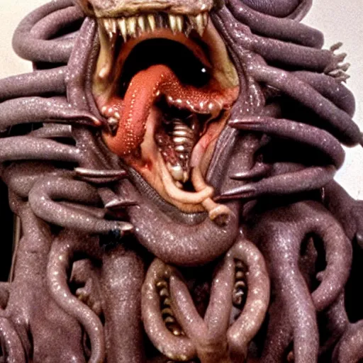 Prompt: Gross animatronic movie-monster from an 80's horror movie, slimy, tentacles emerging from its fang filled mouth, multi-jointed, vile, The Thing style, Rob Bottin style